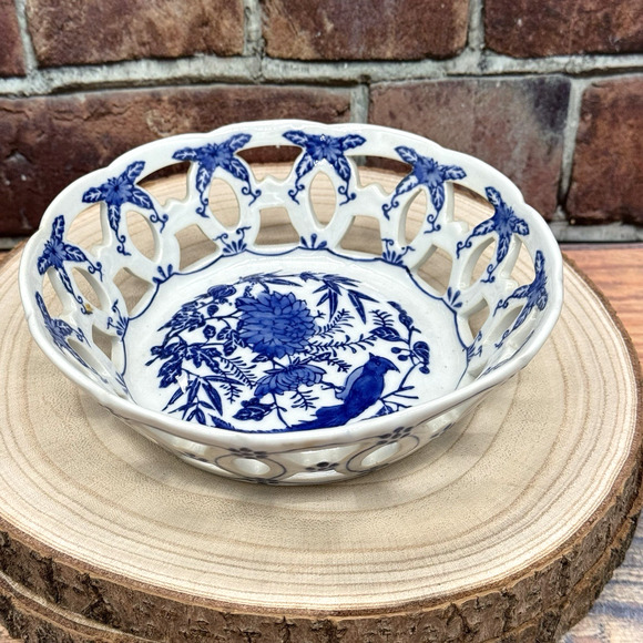 Andrea by Sadek Decorative Reticulated Scalloped Bowl Blue White Floral Pheasant - Picture 1 of 7